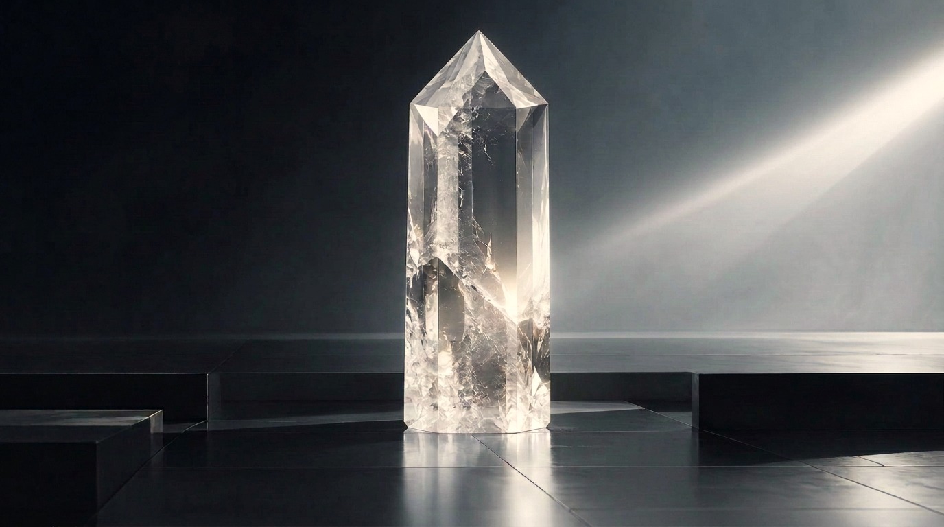 Light passing through a precision-cut crystal across a dark record grid